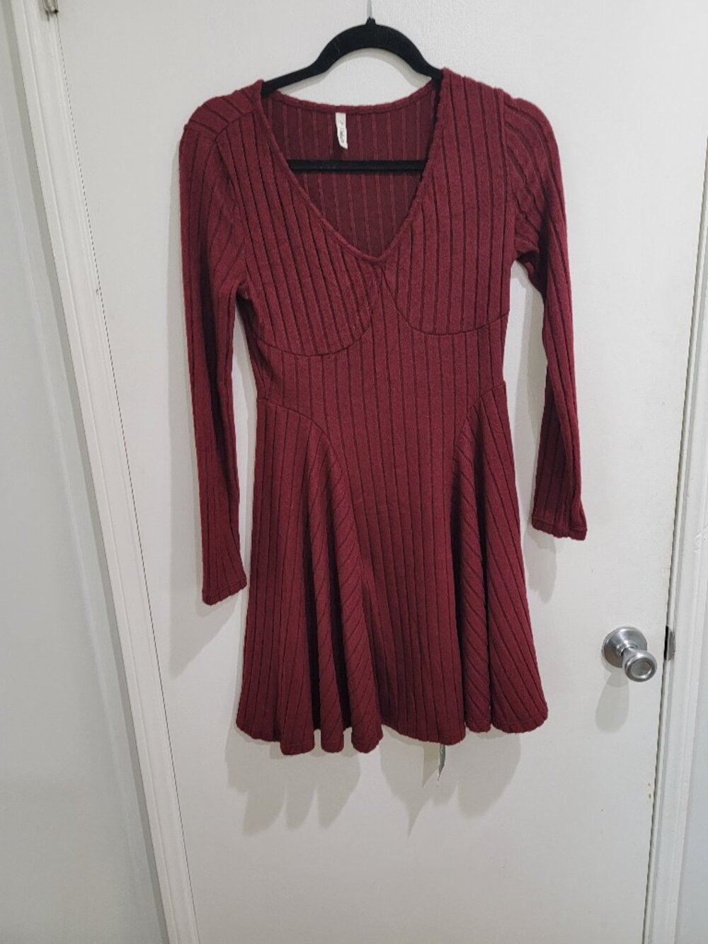 Ribbed Knit V Neck Long Sleeve Flare Mini Casual Dress